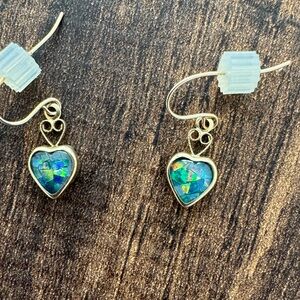 14Kt Gold Faux Opal Filigree Heart Dangle Earrings